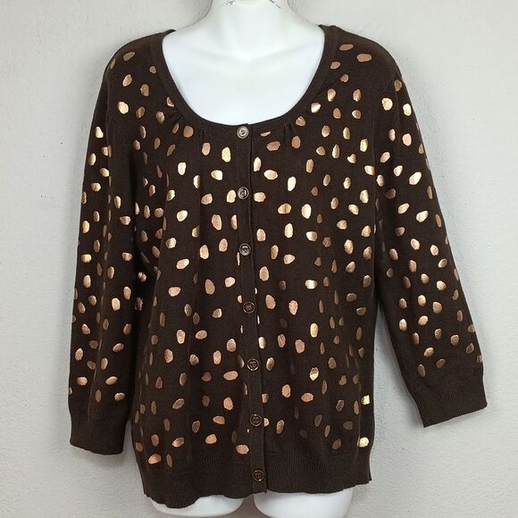 Vintage 90s Brown With Gold Dots Long Sleeve Button Down Knit Cardigan sz XL - Picture 1 of 9